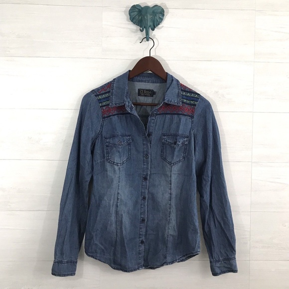Ci Sono Tops - Ci Sono Chambray Embroidered Button Up Blouse